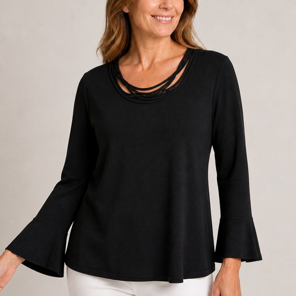Victor Costa Occasion XS Slinky Knit Top Black 3/4 Spit Cuff Sleeve Cut out Neck